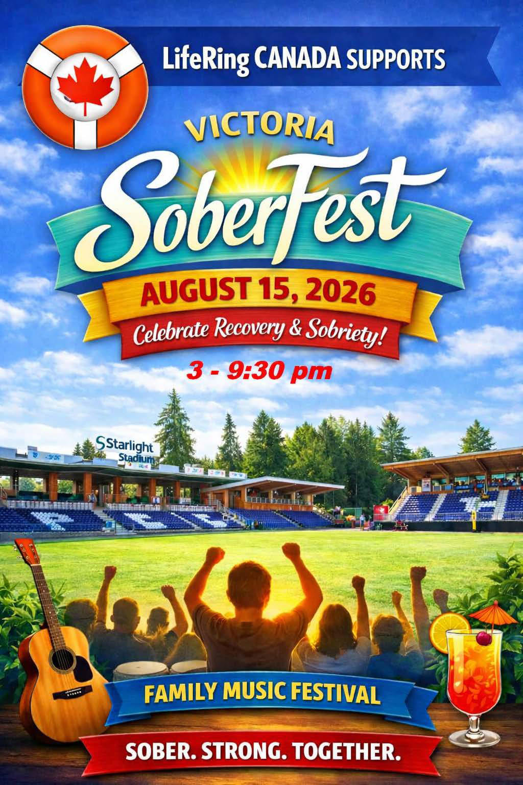 LifeRing Canada supports Victoria SoberFest, a family music festival celebrating recovery and sobriety at Starlight Stadium on August 15, 2026, from 3 to 9:30 pm